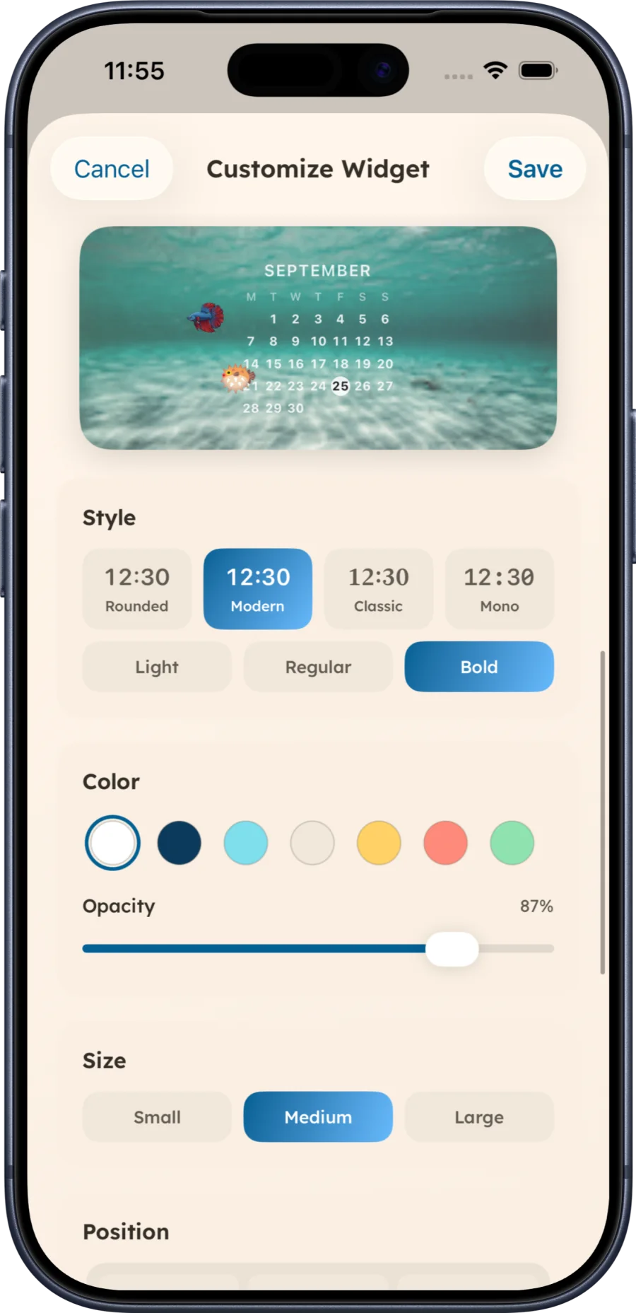 Aquarium Widgets editor showing a monthly calendar behind swimming fish, with style, color and size controls