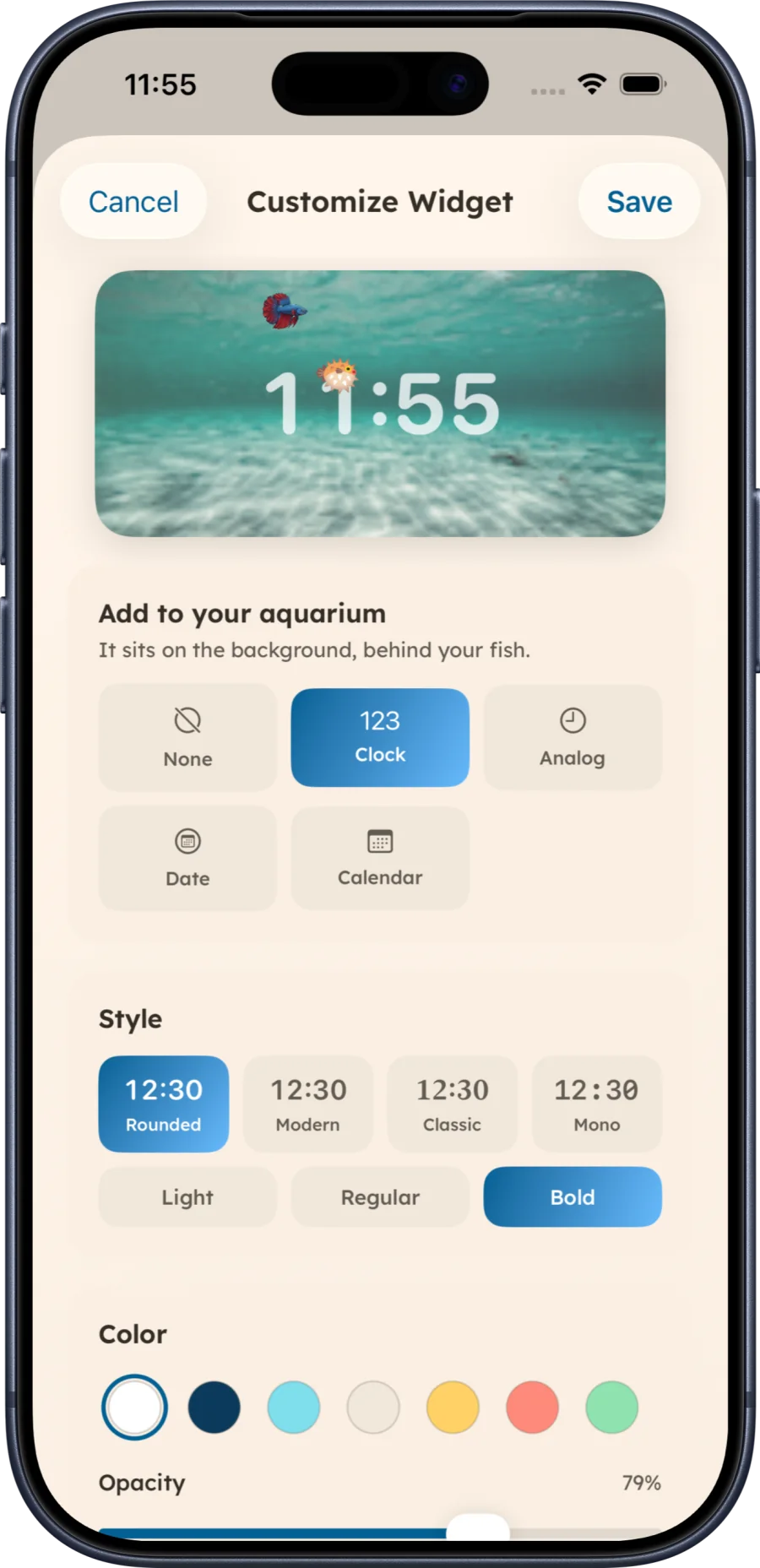 Aquarium Widgets editor showing a digital clock over the aquarium and options for clock, analog clock, date or calendar